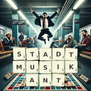 Kreative Illustration für ein Scrabble-Spiel, bei dem das Wort STADTMUSIKANT mit Steinen auf dem Brett gelegt wurde.