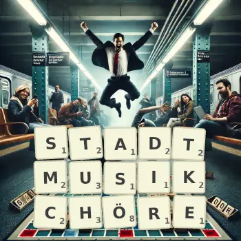 Kreative Illustration für ein Scrabble-Spiel, bei dem das Wort STADTMUSIKCHÖRE mit Steinen auf dem Brett gelegt wurde.