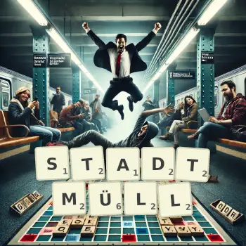 Kreative Illustration für ein Scrabble-Spiel, bei dem das Wort STADTMÜLL mit Steinen auf dem Brett gelegt wurde.