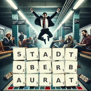 Kreative Illustration für ein Scrabble-Spiel, bei dem das Wort STADTOBERBAURAT mit Steinen auf dem Brett gelegt wurde.