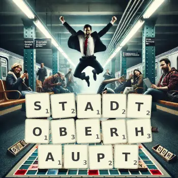 Kreative Illustration für ein Scrabble-Spiel, bei dem das Wort STADTOBERHAUPT mit Steinen auf dem Brett gelegt wurde.