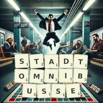 Kreative Illustration für ein Scrabble-Spiel, bei dem das Wort STADTOMNIBUSSE mit Steinen auf dem Brett gelegt wurde.