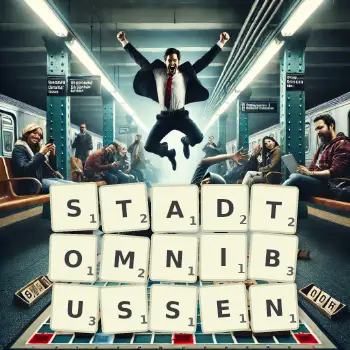 Kreative Illustration für ein Scrabble-Spiel, bei dem das Wort STADTOMNIBUSSEN mit Steinen auf dem Brett gelegt wurde.
