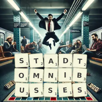 Kreative Illustration für ein Scrabble-Spiel, bei dem das Wort STADTOMNIBUSSES mit Steinen auf dem Brett gelegt wurde.