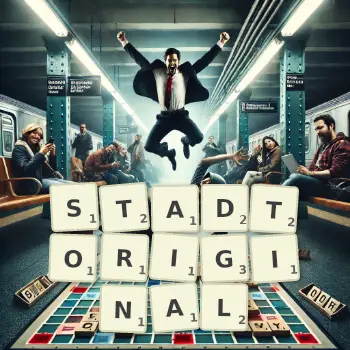 Kreative Illustration für ein Scrabble-Spiel, bei dem das Wort STADTORIGINAL mit Steinen auf dem Brett gelegt wurde.