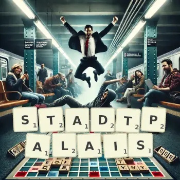 Kreative Illustration für ein Scrabble-Spiel, bei dem das Wort STADTPALAIS mit Steinen auf dem Brett gelegt wurde.