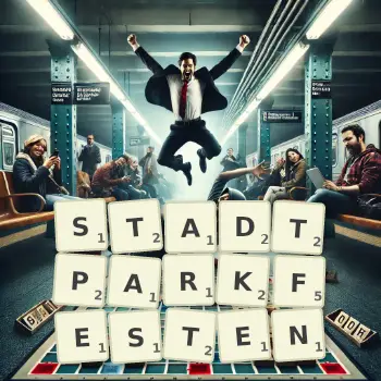 Kreative Illustration für ein Scrabble-Spiel, bei dem das Wort STADTPARKFESTEN mit Steinen auf dem Brett gelegt wurde.