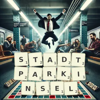 Kreative Illustration für ein Scrabble-Spiel, bei dem das Wort STADTPARKINSEL mit Steinen auf dem Brett gelegt wurde.