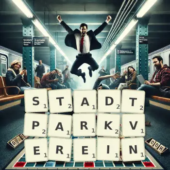 Kreative Illustration für ein Scrabble-Spiel, bei dem das Wort STADTPARKVEREIN mit Steinen auf dem Brett gelegt wurde.