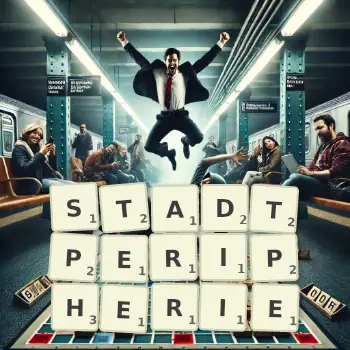 Kreative Illustration für ein Scrabble-Spiel, bei dem das Wort STADTPERIPHERIE mit Steinen auf dem Brett gelegt wurde.