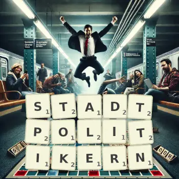 Kreative Illustration für ein Scrabble-Spiel, bei dem das Wort STADTPOLITIKERN mit Steinen auf dem Brett gelegt wurde.