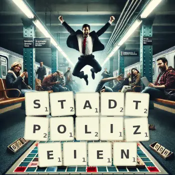 Kreative Illustration für ein Scrabble-Spiel, bei dem das Wort STADTPOLIZEIEN mit Steinen auf dem Brett gelegt wurde.