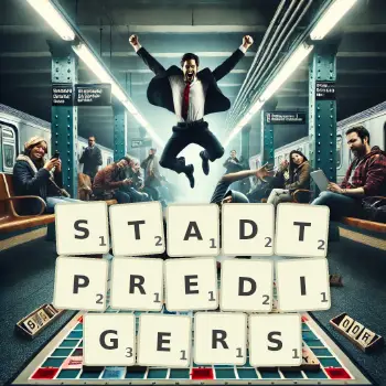 Kreative Illustration für ein Scrabble-Spiel, bei dem das Wort STADTPREDIGERS mit Steinen auf dem Brett gelegt wurde.