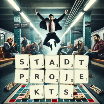 Kreative Illustration für ein Scrabble-Spiel, bei dem das Wort STADTPROJEKTS mit Steinen auf dem Brett gelegt wurde.