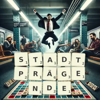 Kreative Illustration für ein Scrabble-Spiel, bei dem das Wort STADTPRÄGENDE mit Steinen auf dem Brett gelegt wurde.