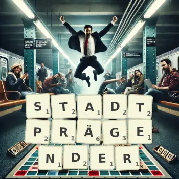 Kreative Illustration für ein Scrabble-Spiel, bei dem das Wort STADTPRÄGENDER mit Steinen auf dem Brett gelegt wurde.
