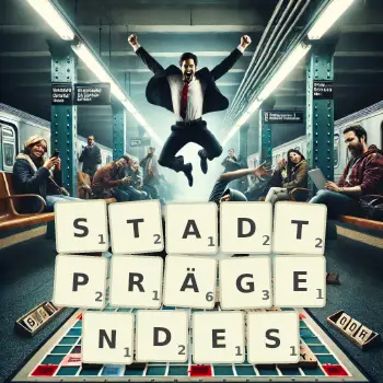 Kreative Illustration für ein Scrabble-Spiel, bei dem das Wort STADTPRÄGENDES mit Steinen auf dem Brett gelegt wurde.