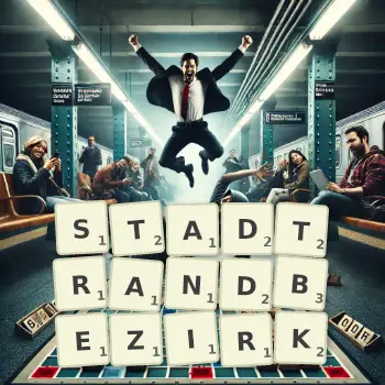 Kreative Illustration für ein Scrabble-Spiel, bei dem das Wort STADTRANDBEZIRK mit Steinen auf dem Brett gelegt wurde.