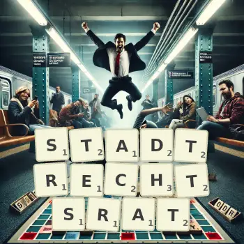 Kreative Illustration für ein Scrabble-Spiel, bei dem das Wort STADTRECHTSRAT mit Steinen auf dem Brett gelegt wurde.