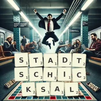 Kreative Illustration für ein Scrabble-Spiel, bei dem das Wort STADTSCHICKSAL mit Steinen auf dem Brett gelegt wurde.