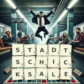 Kreative Illustration für ein Scrabble-Spiel, bei dem das Wort STADTSCHICKSALE mit Steinen auf dem Brett gelegt wurde.