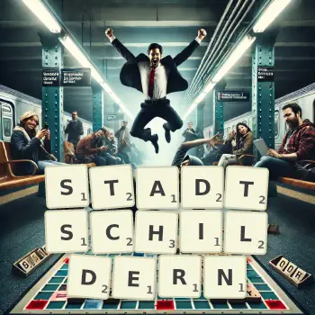 Kreative Illustration für ein Scrabble-Spiel, bei dem das Wort STADTSCHILDERN mit Steinen auf dem Brett gelegt wurde.