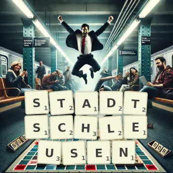 Kreative Illustration für ein Scrabble-Spiel, bei dem das Wort STADTSCHLEUSEN mit Steinen auf dem Brett gelegt wurde.