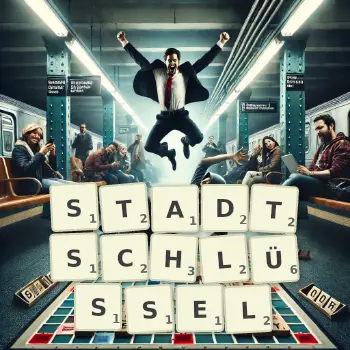 Kreative Illustration für ein Scrabble-Spiel, bei dem das Wort STADTSCHLÜSSEL mit Steinen auf dem Brett gelegt wurde.