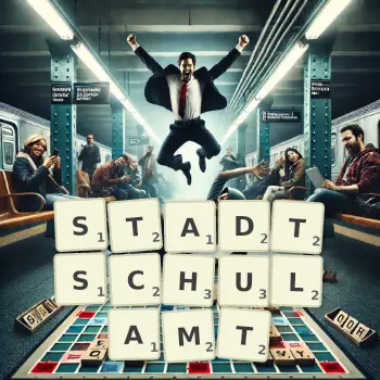 Kreative Illustration für ein Scrabble-Spiel, bei dem das Wort STADTSCHULAMT mit Steinen auf dem Brett gelegt wurde.