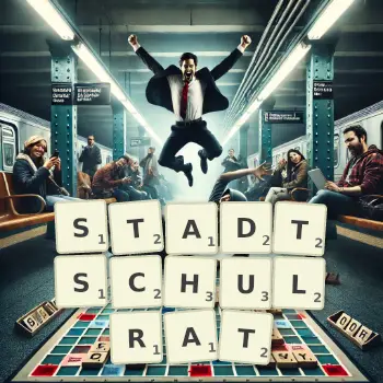 Kreative Illustration für ein Scrabble-Spiel, bei dem das Wort STADTSCHULRAT mit Steinen auf dem Brett gelegt wurde.