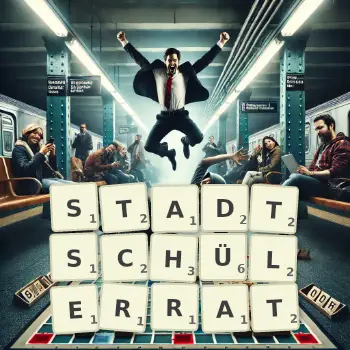 Kreative Illustration für ein Scrabble-Spiel, bei dem das Wort STADTSCHÜLERRAT mit Steinen auf dem Brett gelegt wurde.