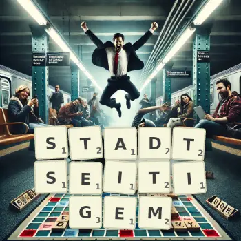 Kreative Illustration für ein Scrabble-Spiel, bei dem das Wort STADTSEITIGEM mit Steinen auf dem Brett gelegt wurde.