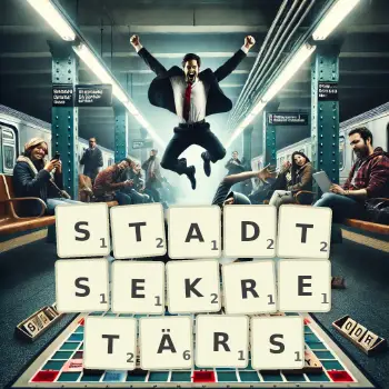 Kreative Illustration für ein Scrabble-Spiel, bei dem das Wort STADTSEKRETÄRS mit Steinen auf dem Brett gelegt wurde.