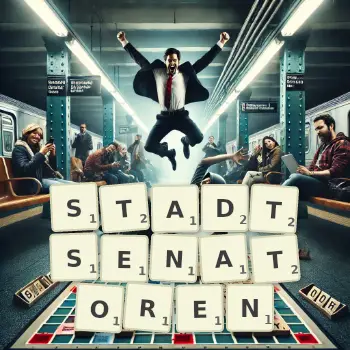 Kreative Illustration für ein Scrabble-Spiel, bei dem das Wort STADTSENATOREN mit Steinen auf dem Brett gelegt wurde.