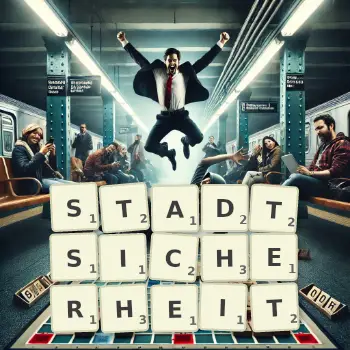 Kreative Illustration für ein Scrabble-Spiel, bei dem das Wort STADTSICHERHEIT mit Steinen auf dem Brett gelegt wurde.