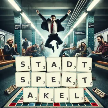 Kreative Illustration für ein Scrabble-Spiel, bei dem das Wort STADTSPEKTAKEL mit Steinen auf dem Brett gelegt wurde.