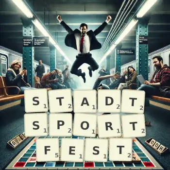 Kreative Illustration für ein Scrabble-Spiel, bei dem das Wort STADTSPORTFEST mit Steinen auf dem Brett gelegt wurde.