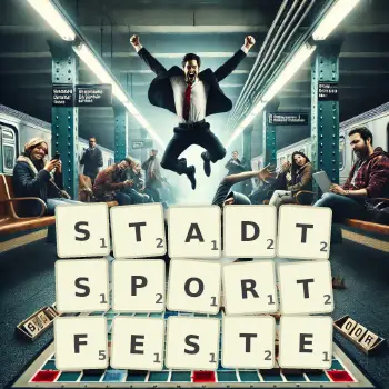 Kreative Illustration für ein Scrabble-Spiel, bei dem das Wort STADTSPORTFESTE mit Steinen auf dem Brett gelegt wurde.