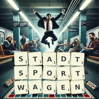 Kreative Illustration für ein Scrabble-Spiel, bei dem das Wort STADTSPORTWAGEN mit Steinen auf dem Brett gelegt wurde.