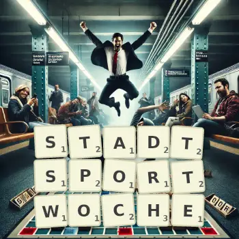 Kreative Illustration für ein Scrabble-Spiel, bei dem das Wort STADTSPORTWOCHE mit Steinen auf dem Brett gelegt wurde.