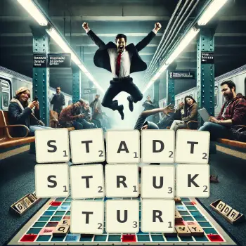 Kreative Illustration für ein Scrabble-Spiel, bei dem das Wort STADTSTRUKTUR mit Steinen auf dem Brett gelegt wurde.