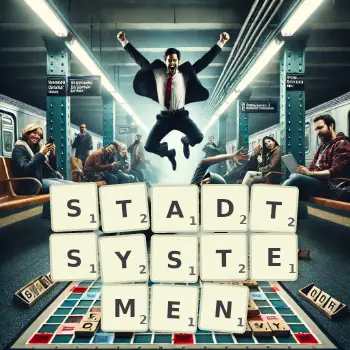 Kreative Illustration für ein Scrabble-Spiel, bei dem das Wort STADTSYSTEMEN mit Steinen auf dem Brett gelegt wurde.