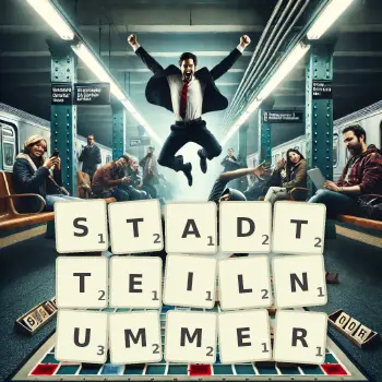 Kreative Illustration für ein Scrabble-Spiel, bei dem das Wort STADTTEILNUMMER mit Steinen auf dem Brett gelegt wurde.