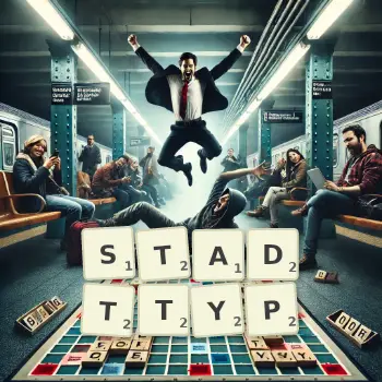 Kreative Illustration für ein Scrabble-Spiel, bei dem das Wort STADTTYP mit Steinen auf dem Brett gelegt wurde.