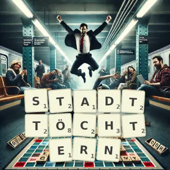 Kreative Illustration für ein Scrabble-Spiel, bei dem das Wort STADTTÖCHTERN mit Steinen auf dem Brett gelegt wurde.