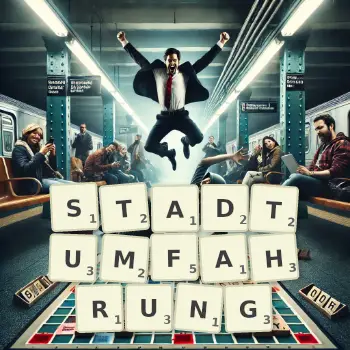 Kreative Illustration für ein Scrabble-Spiel, bei dem das Wort STADTUMFAHRUNG mit Steinen auf dem Brett gelegt wurde.