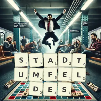 Kreative Illustration für ein Scrabble-Spiel, bei dem das Wort STADTUMFELDES mit Steinen auf dem Brett gelegt wurde.
