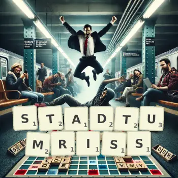 Kreative Illustration für ein Scrabble-Spiel, bei dem das Wort STADTUMRISS mit Steinen auf dem Brett gelegt wurde.