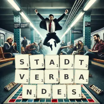 Kreative Illustration für ein Scrabble-Spiel, bei dem das Wort STADTVERBANDES mit Steinen auf dem Brett gelegt wurde.