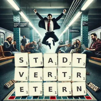 Kreative Illustration für ein Scrabble-Spiel, bei dem das Wort STADTVERTRETERN mit Steinen auf dem Brett gelegt wurde.